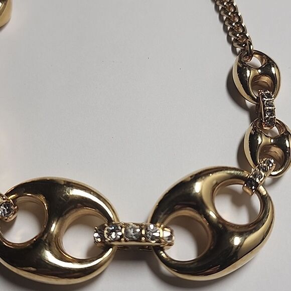 VTG ANN TAYLOR GOLDTONE CRYSTAL LINK CHAIN STATEMENT NECKLACE - Picture 3 of 5